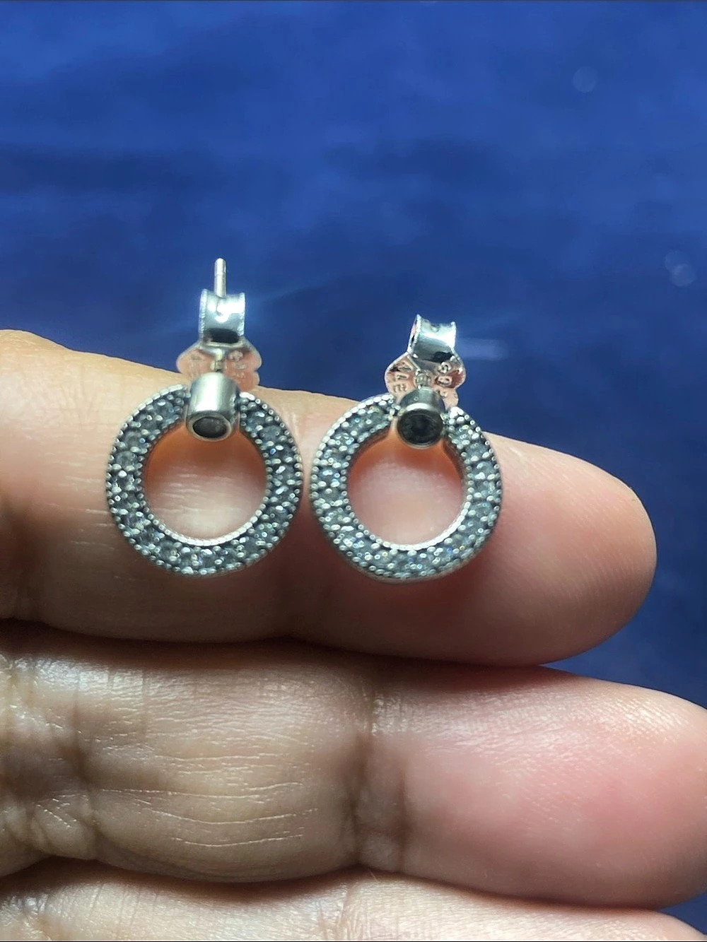 Pandora Pavé & Logo Circle Reversible Stud Earrings Hoop Drop Earrings in Silver